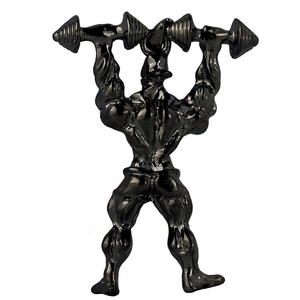 Detailed close-up of a gunmetal bodybuilding pendant showing muscular textures