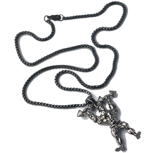 Macro shot of gunmetal dumbbell lifter pendant with durable box chain for men