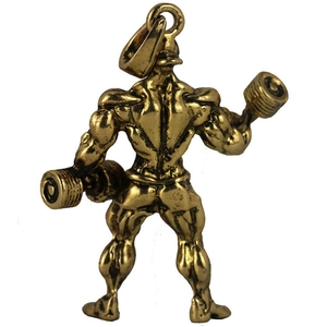 Gold-plated dumbbell bodybuilding necklace featuring a muscular male pendant in retro style