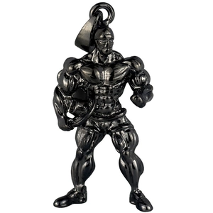 Detailed view of muscle man fitness pendant with black plated finish and metallic texture