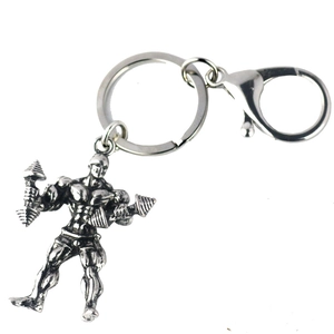 Detailed silver muscle man pendant with dumbbells on a sturdy metal keychain