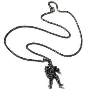 Muscle man bodybuilding pendant necklace in dark grey gunmetal finish with box chain
