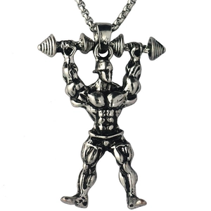 Men's Fitness Muscle Man Dumbbell Barbell Pendant Necklace Alloy Retro Electroplated Gym Weightlifter Sports Jewelry Gift