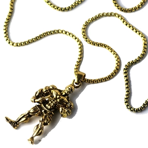 Gold muscular fitness man pendant necklace with classic box chain for men's gym jewelry