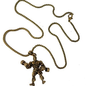 Gold dumbbell bodybuilder fitness pendant necklace with round box chain for men