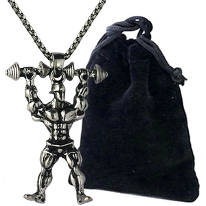 Men's silver dumbbell bodybuilder pendant necklace with velvet gift pouch for fitness lovers