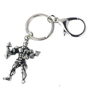 Détail du porte-clés homme musclé avec haltères en finition argent antique