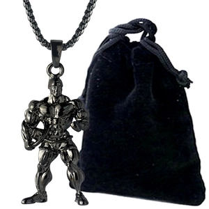 Muscular male bodybuilder pendant necklace with box chain and black velvet gift pouch