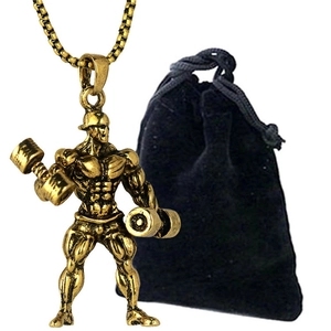 Gold-plated bodybuilder dumbbell pendant necklace with vintage finish and pouch