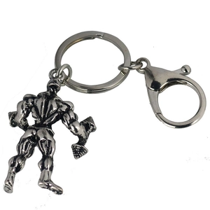 Porte-clés homme musclé en métal argenté antique avec grand fermoir mousqueton
