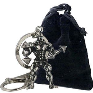 Porte-clés culturiste avec haltère et pochette en velours noir couleur argent