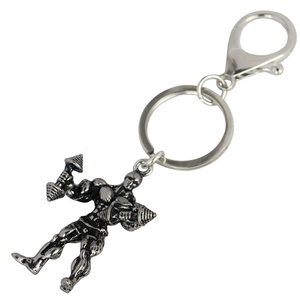 Porte-clés homme musclé en argent antique avec haltères et fermoir mousqueton