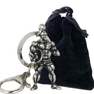 Silver bodybuilding keychain with muscle detailing and black velvet gift pouch