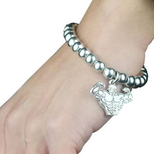 Bracelet à perles argentées réglable pour homme avec pendentif de culturiste musclé