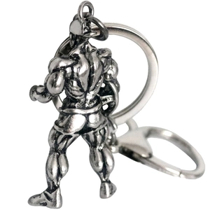 Antique silver metal bodybuilding keychain with detailed muscle sculpture and round keyring