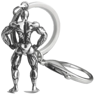 Antique silver 3D muscular male bodybuilder metal keychain with lobster clasp detail