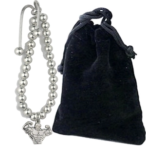 Bracelet ajustable en perles argentées pour homme avec pendentif fitness et pochon noir