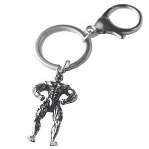 3D muscular fitness male keychain in retro silver zinc alloy with lobster clasp for sports gifts