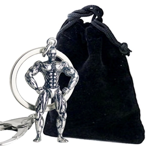 3D muscular male fitness keychain in vintage silver finish with black velvet storage pouch