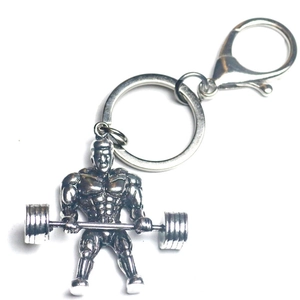 Strong bodybuilding metal keychain featuring a muscular man lifting a barbell barbell pendant