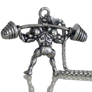 Pendentif haltérophile pour homme en argent antique avec chaîne pour amateurs de fitness