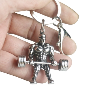 Dumbbell weightlifting muscle man keychain in vintage silver finish with lobster clasp
