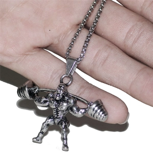 Collier de fitness pour homme en acier inoxydable avec pendentif d'haltérophilie argenté