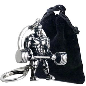 Muscular male bodybuilder keychain in vintage silver finish with black velvet gift bag