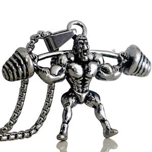 Collier Pendentif Homme Musclé Haltérophilie Fitness Argent Antique Acier Inoxydable Musculation Gym Bijoux Cadeau