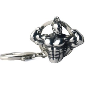 Portachiavi fitness bodybuilder muscoloso con anello in metallo e moschettone