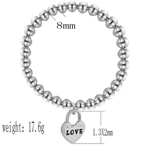 Detailed view of 8mm silver steel beads and engraved LOVE heart lock pendant charm