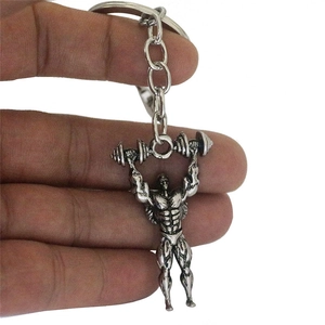 Dumbbell weightlifting fitness keychain in vintage silver alloy with bodybuilder pendant