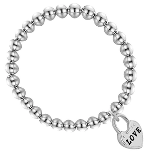 Polished stainless steel beaded bracelet featuring a heart-shaped lock charm with LOVE engraving
