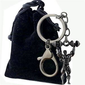 Dumbbell weightlifting keychain featuring a bodybuilder statue with black gift pouch
