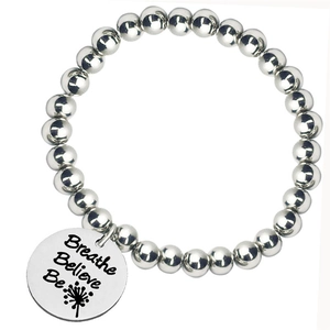 Adjustable silver beaded stainless steel bracelet with engraved Breathe Believe Be charm