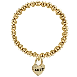 Detailed view of gold beaded bracelet with an engraved heart charm saying LOVE