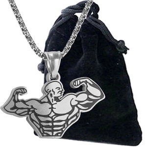 Collana con ciondolo bodybuilder in argento opaco e sacchetto di velluto nero da uomo