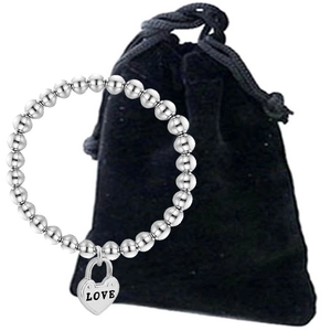Polished silver stainless steel beaded bracelet with Love heart charm and black velvet pouch