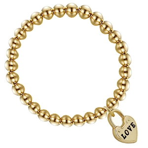 Close-up of golden beaded bracelet featuring a heart-shaped charm with LOVE engraving