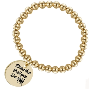 Detail of gold beaded bracelet featuring engraved Breathe Believe Be dandelion charm