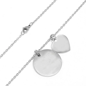 Minimalist silver titanium steel necklace with a round disc and heart-shaped pendant
