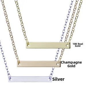 Bar necklace detail showing 18K gold, champagne gold, and silver stainless steel options