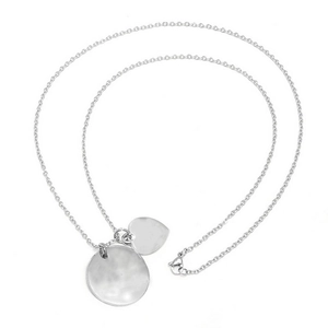 Titanium steel necklace with round disc and heart pendants on a fine link chain