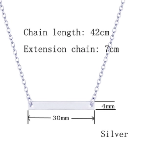 Silver bar necklace detail showing 42cm chain with 7cm extender and 30x4mm pendant