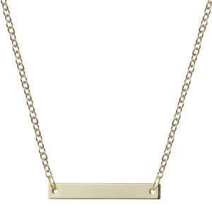 Close-up of a polished gold bar pendant necklace with a minimalist rectangular drop design