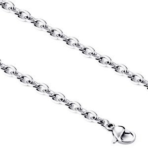 Polished stainless steel bar necklace with oval link chain and lobster clasp closure