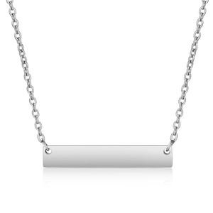 Detailed view of polished silver rectangle bar pendant on a slim cable chain necklace