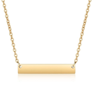 Close-up of polished gold rectangular bar pendant with a fine cable chain necklace