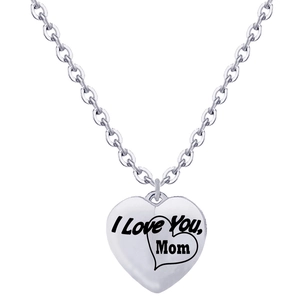 Close-up of heart-shaped stainless steel pendant engraved with I Love You Mom text