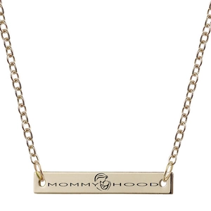 Close-up of gold rectangle bar pendant with Mommy Hood engraving and mother-child silhouette